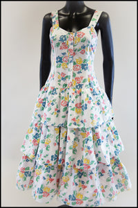 Vintage 1980s White Floral Cotton Tiered Dress