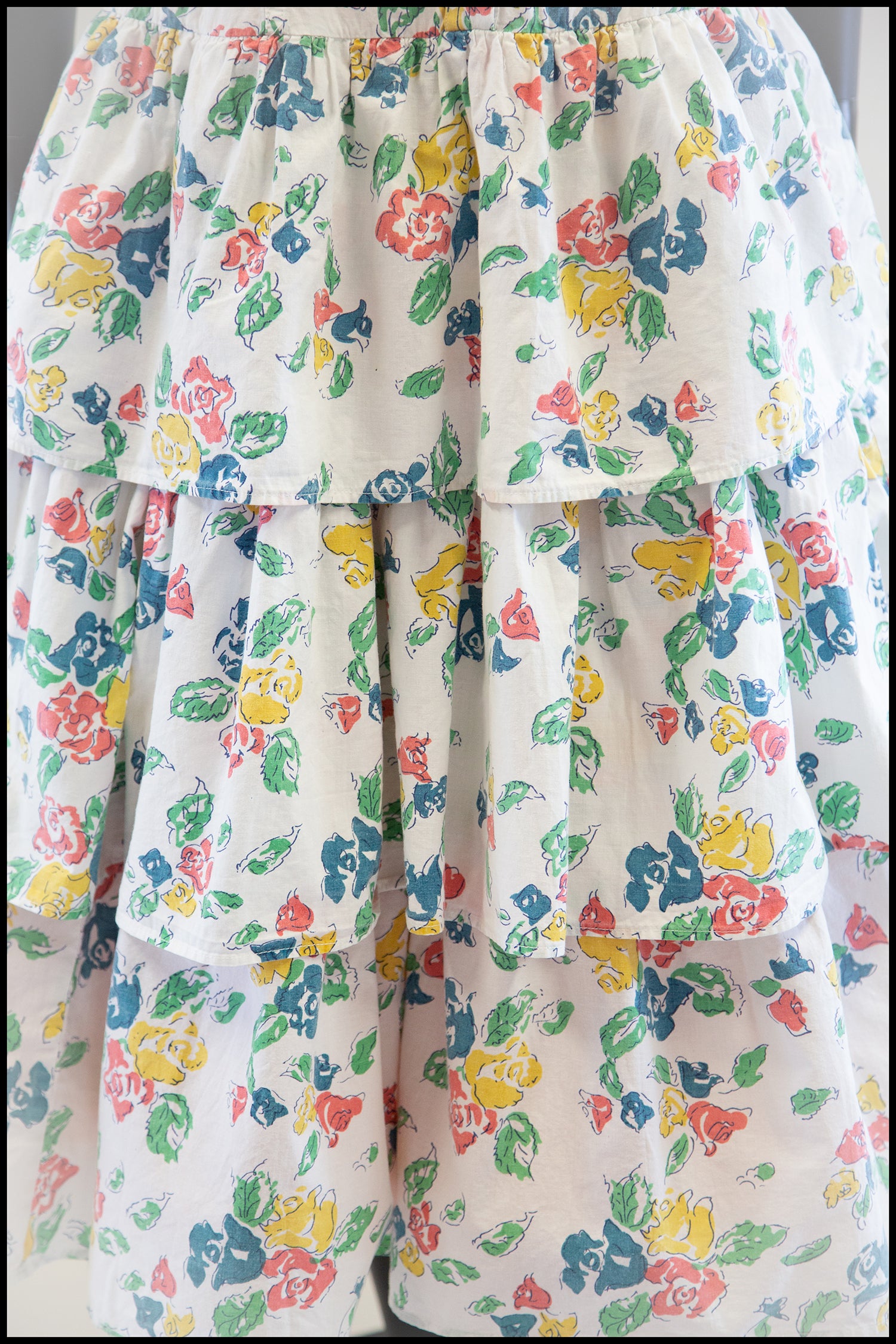 Vintage 1980s White Floral Cotton Tiered Dress
