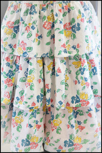 Vintage 1980s White Floral Cotton Tiered Dress