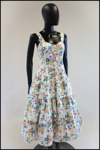 Vintage 1980s White Floral Cotton Tiered Dress