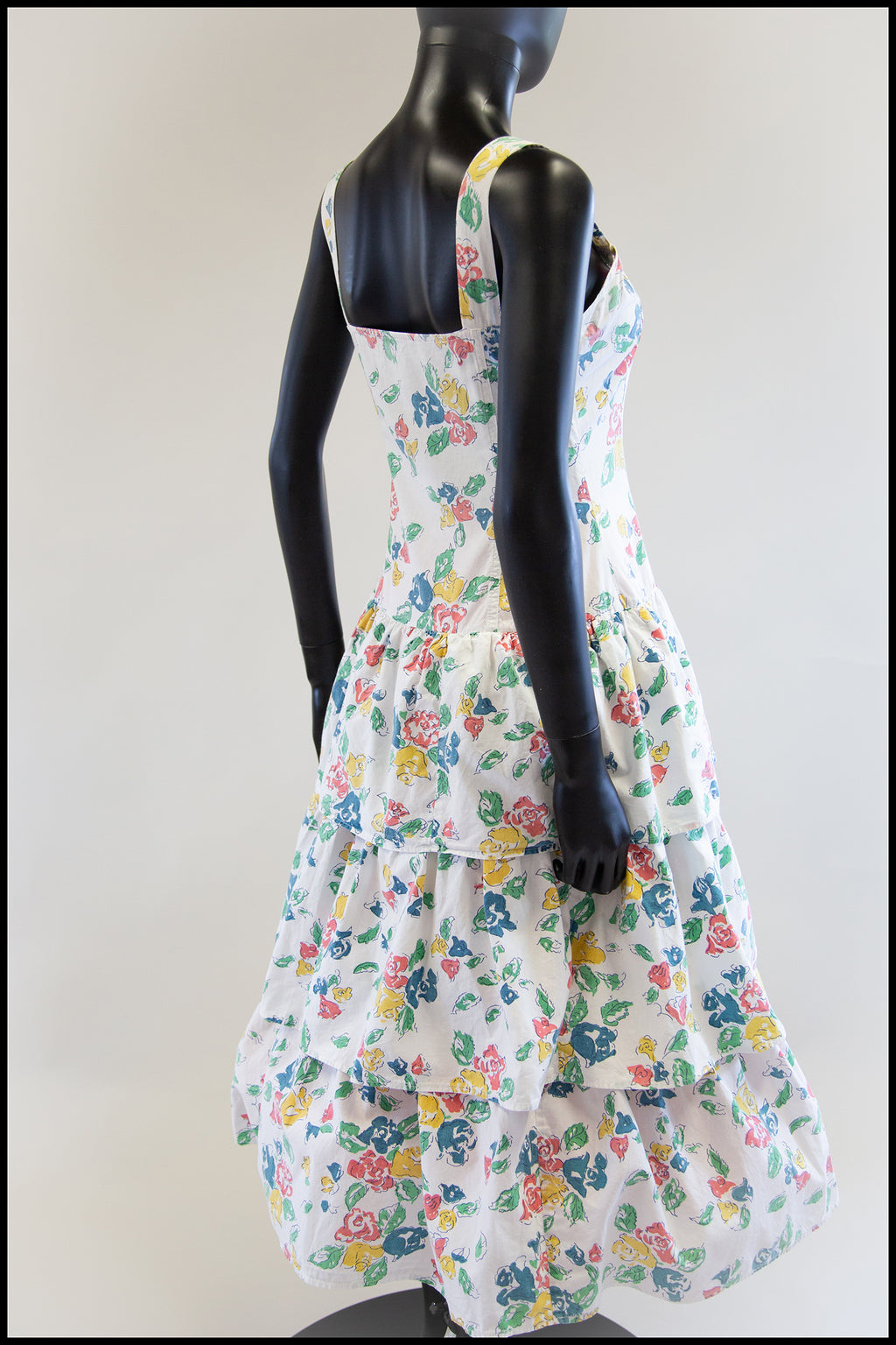 Vintage 1980s White Floral Cotton Tiered Dress