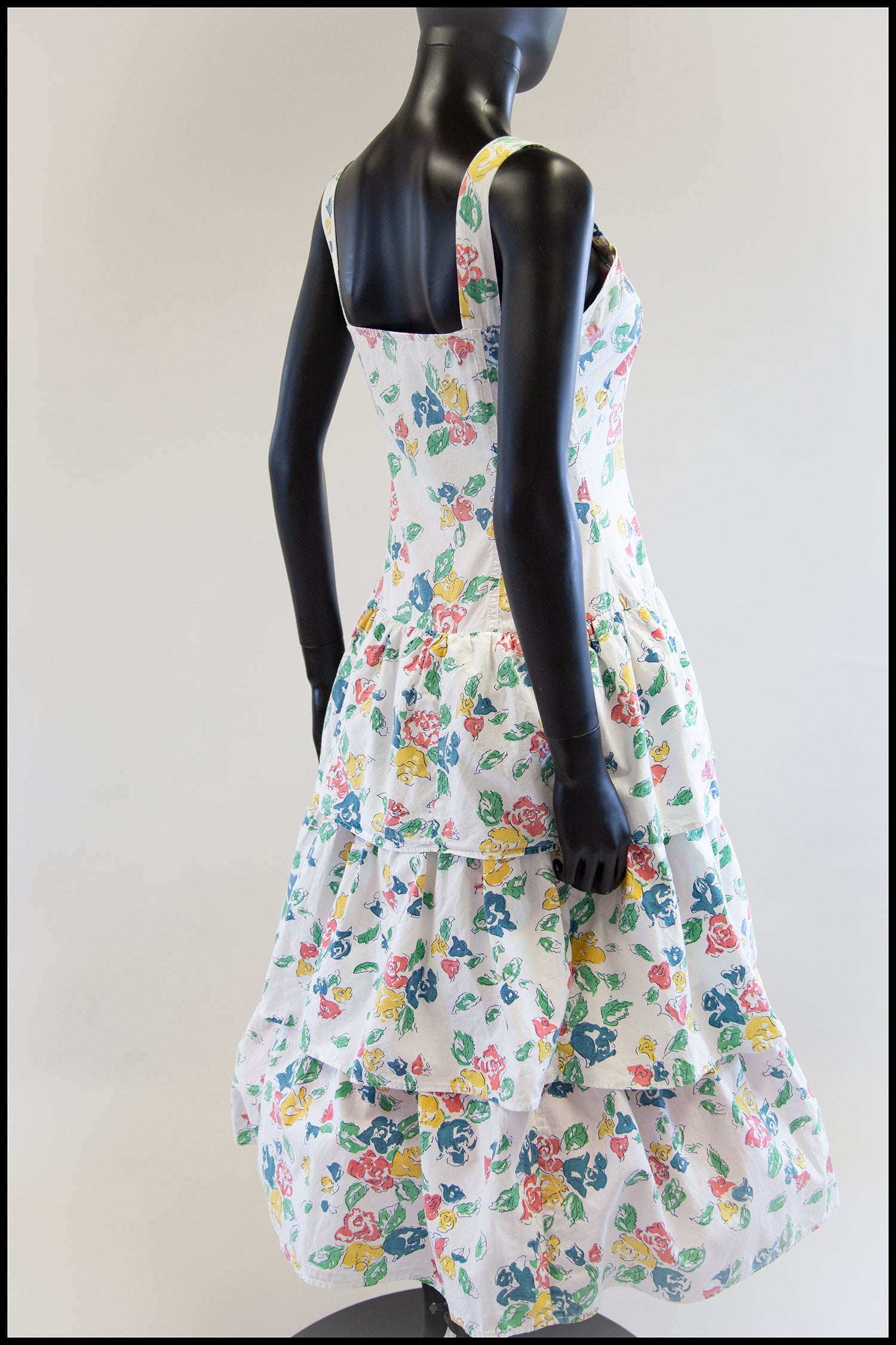 Vintage 1980s White Floral Cotton Tiered Dress