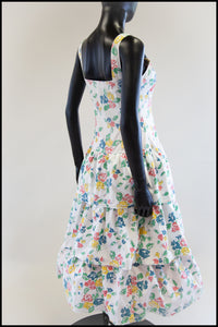 Vintage 1980s White Floral Cotton Tiered Dress