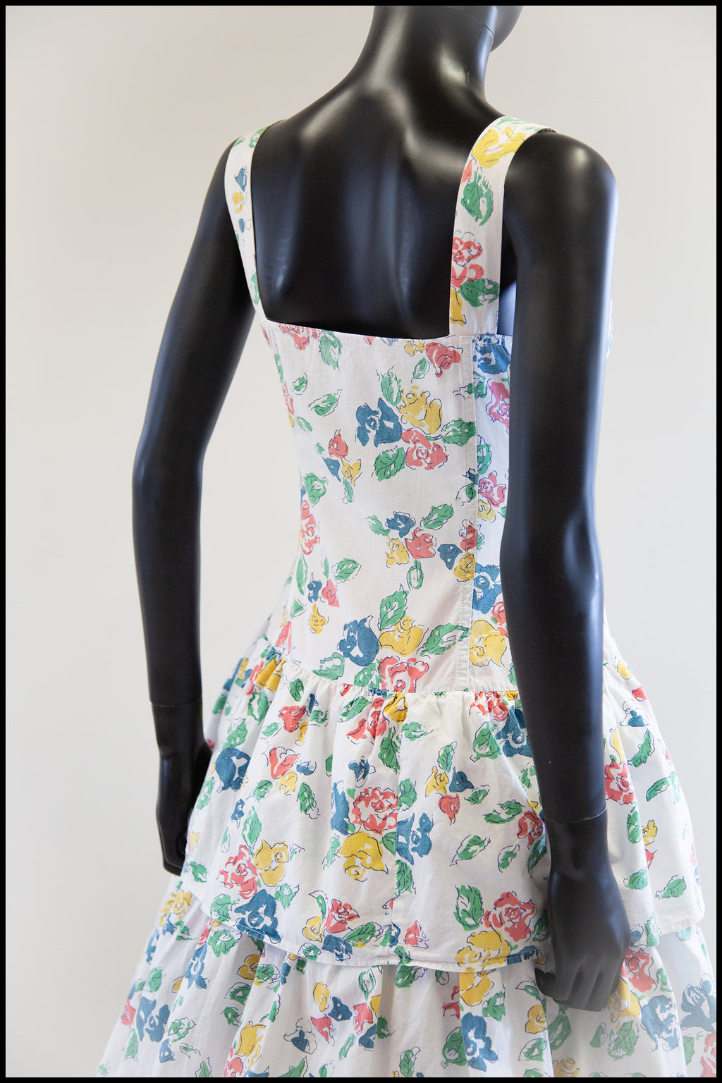 Vintage 1980s White Floral Cotton Tiered Dress