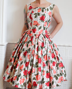 Vintage 1950s Rose Print Cotton Tea Dress
