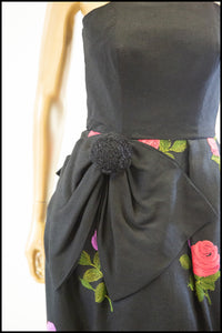 Vintage 1960s Black Embroidered Linen Glamourette Dress