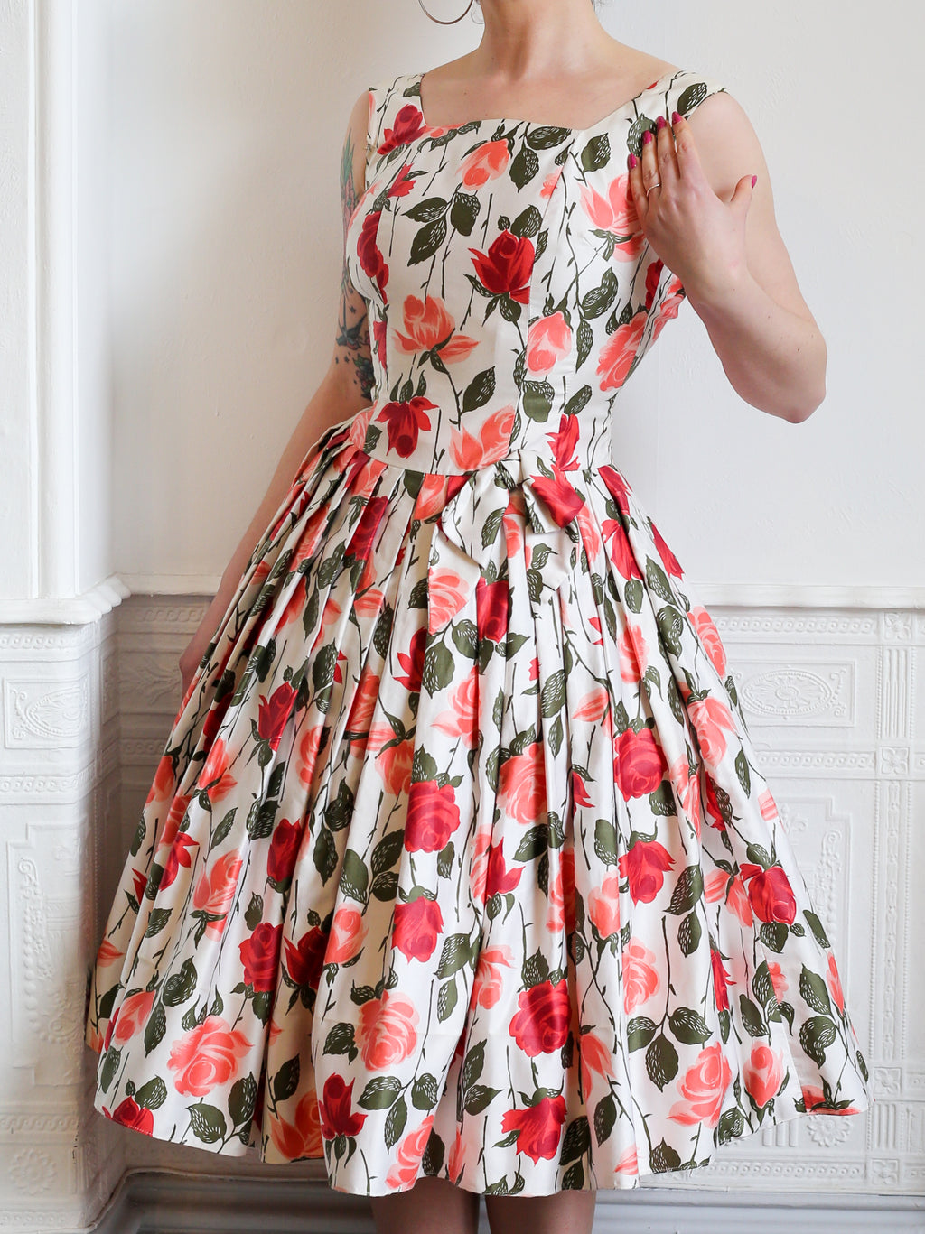 Vintage 1950s Rose Print Cotton Tea Dress