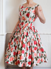 Vintage 1950s Rose Print Cotton Tea Dress