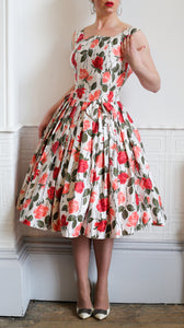 Vintage 1950s Rose Print Cotton Tea Dress