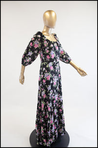 Vintage 1970s Black Floral Cotton Maxi Dress