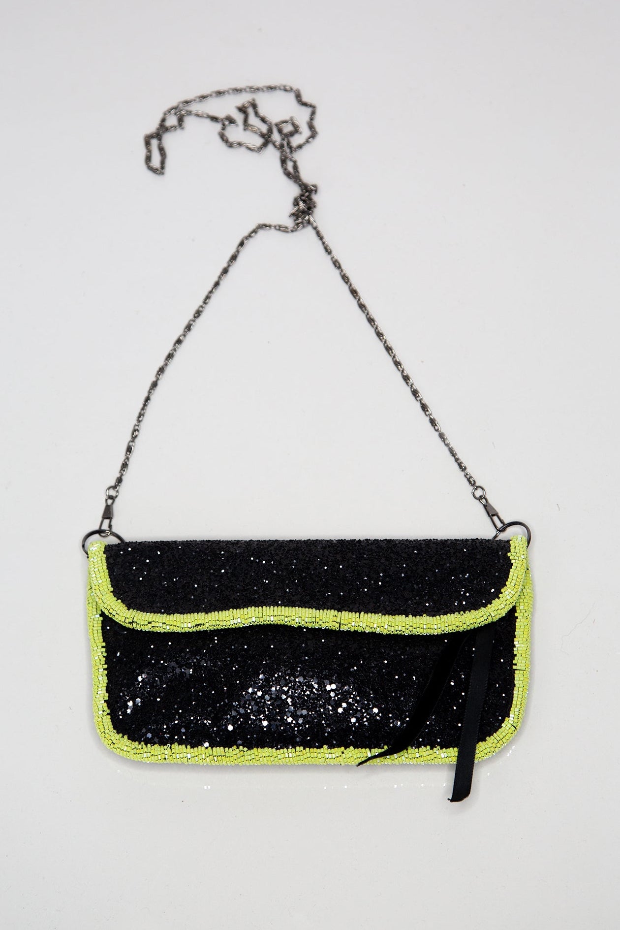 black and lime green beaded evening bag by designer Alexandra King