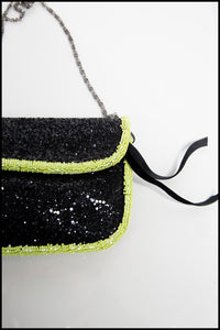 Green Black Glitter Beaded Evening Purse