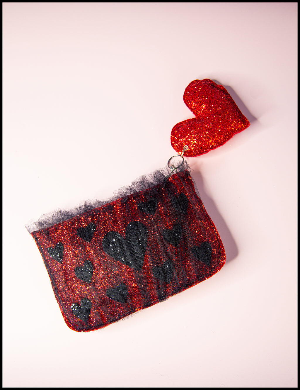 Red Glitter Heart Tulle Pouch Purse