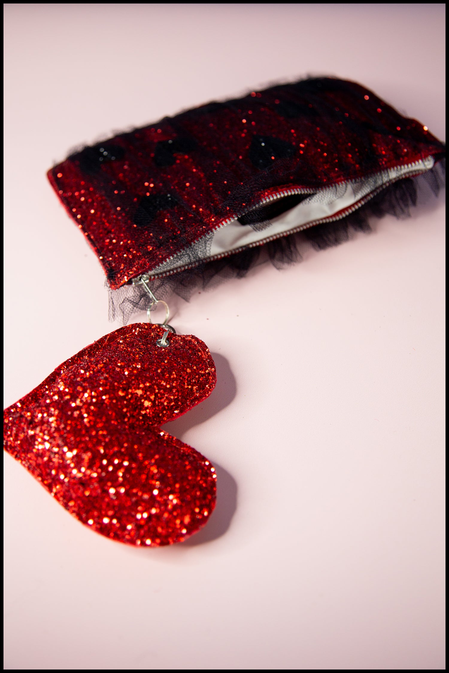 Red Glitter Heart Tulle Pouch Purse