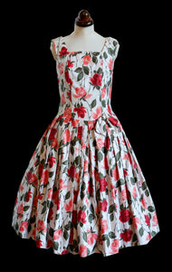 Vintage 1950s Rose Print Cotton Tea Dress