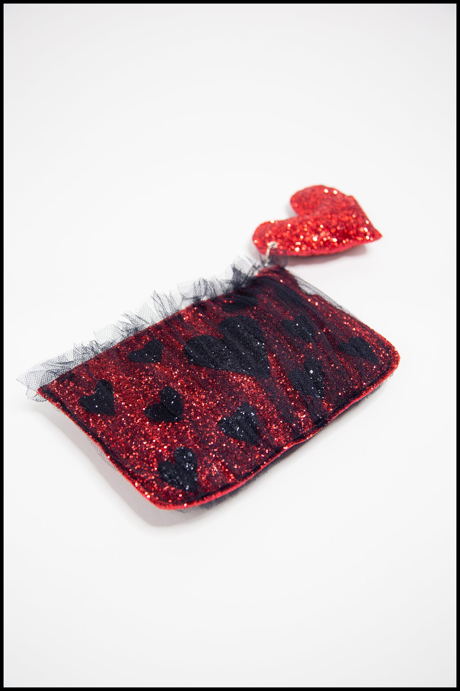 Red Glitter Heart Tulle Pouch Purse