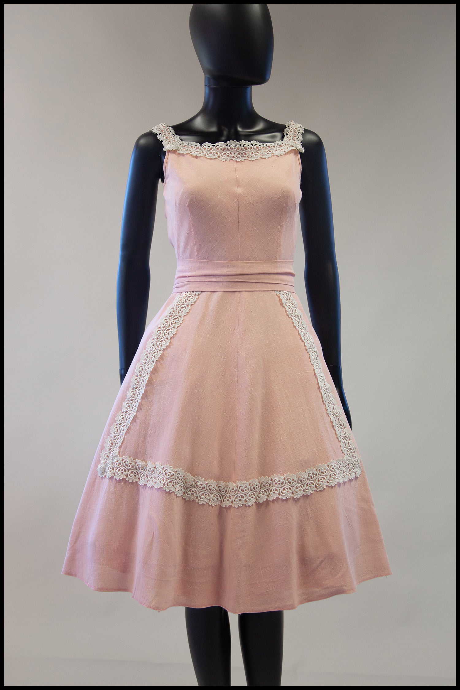 vintage 1950s pink linen and guipure lace dress alexandra king