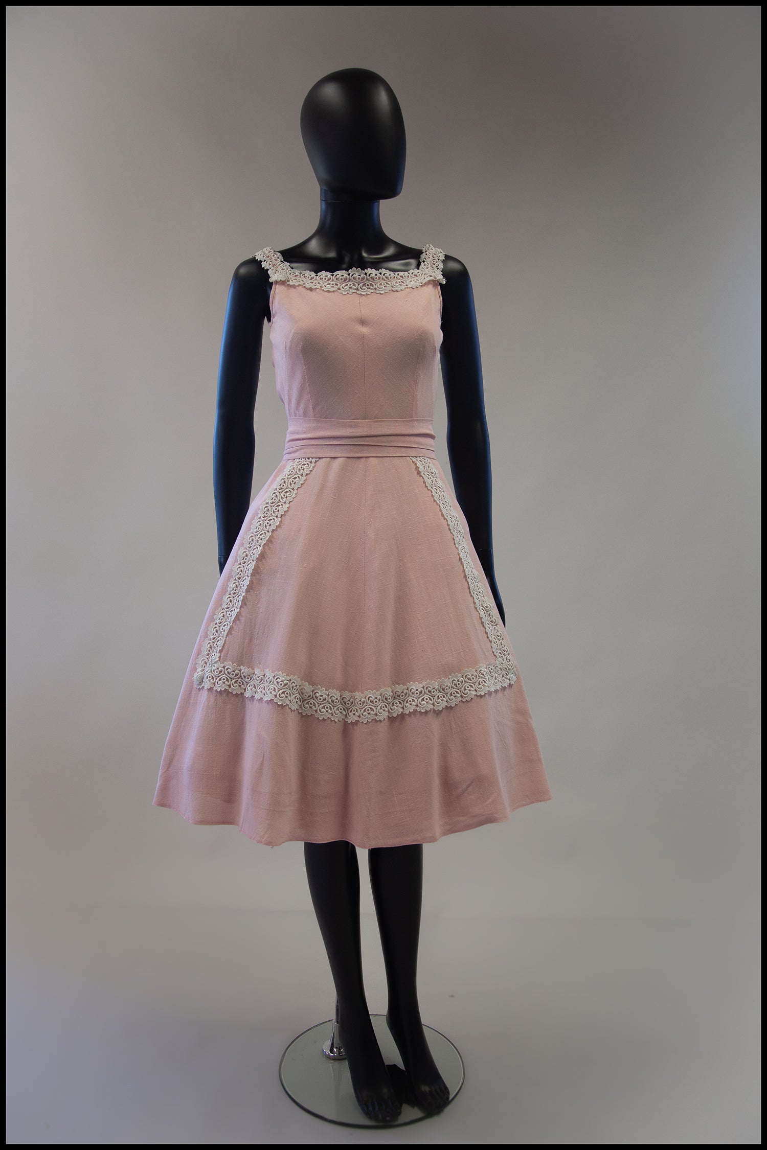 vintage 1950s pink linen and guipure lace dress alexandra king