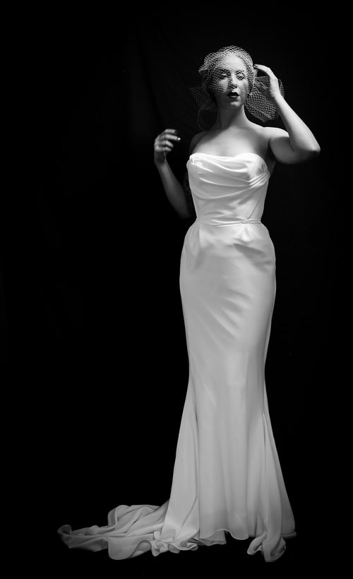 Ivory crepe old hollywood strapless wedding gown by Alexandra King