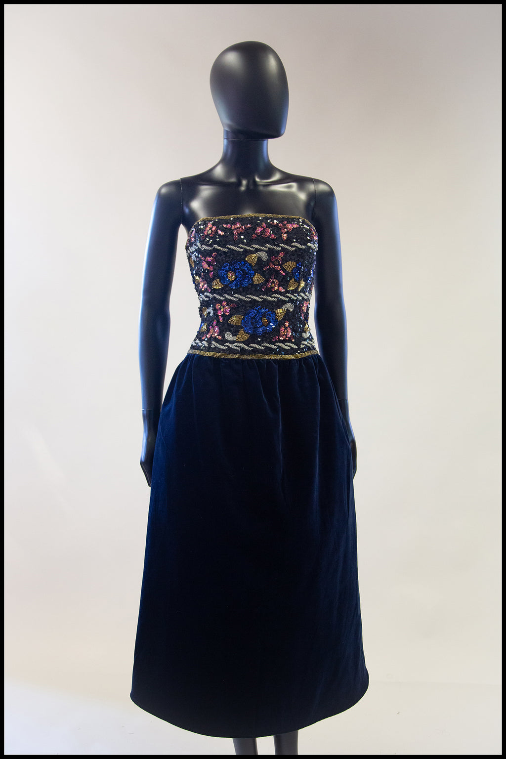 Vintage 1980s Navy Beaded Strapless Dress