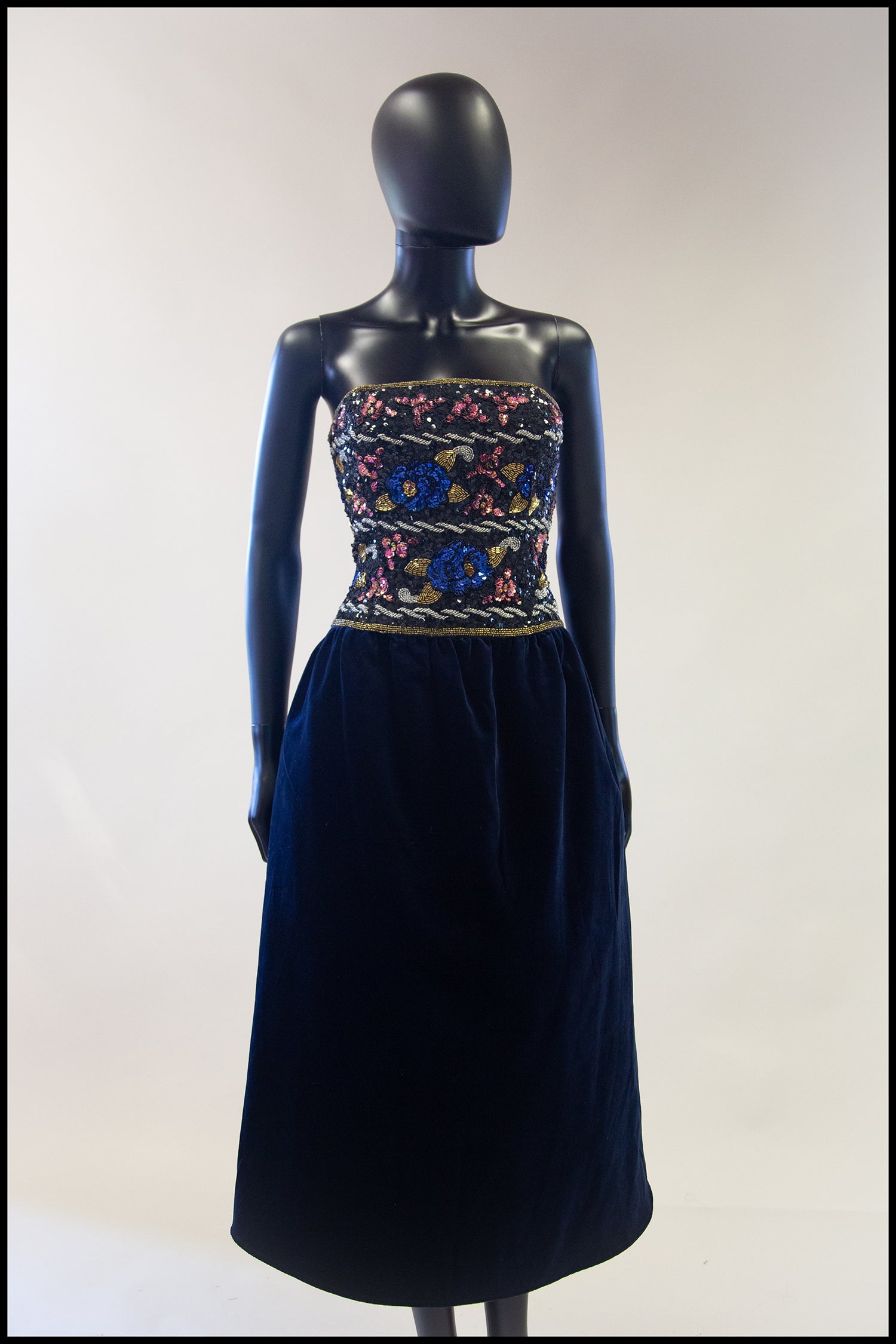 Vintage 1980s Navy Beaded Strapless Dress