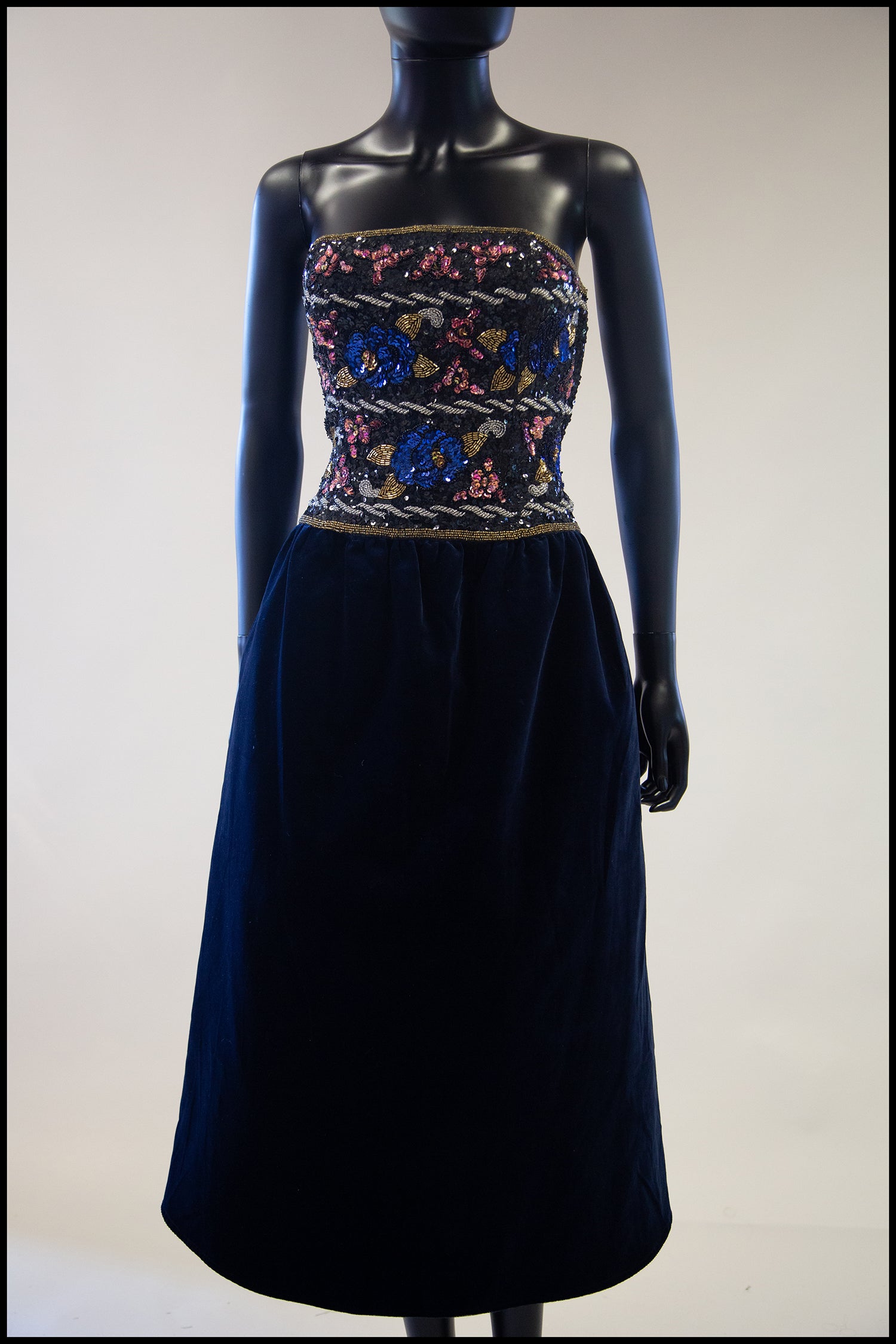 Vintage 1980s Navy Beaded Strapless Dress