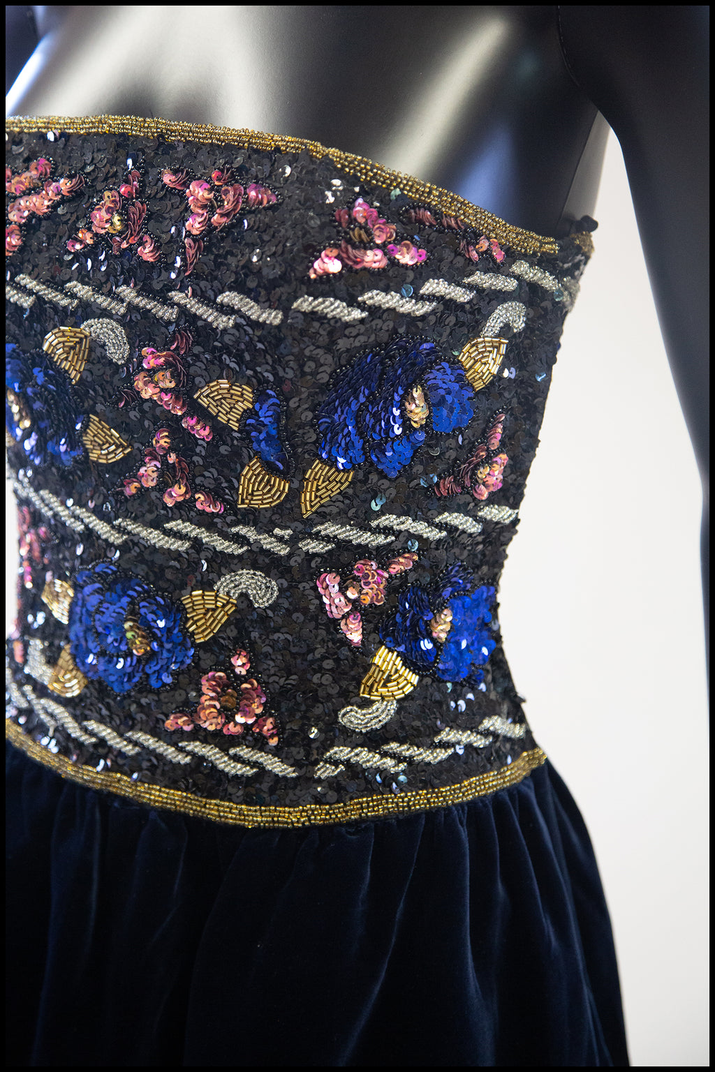 Vintage 1980s Navy Beaded Strapless Dress