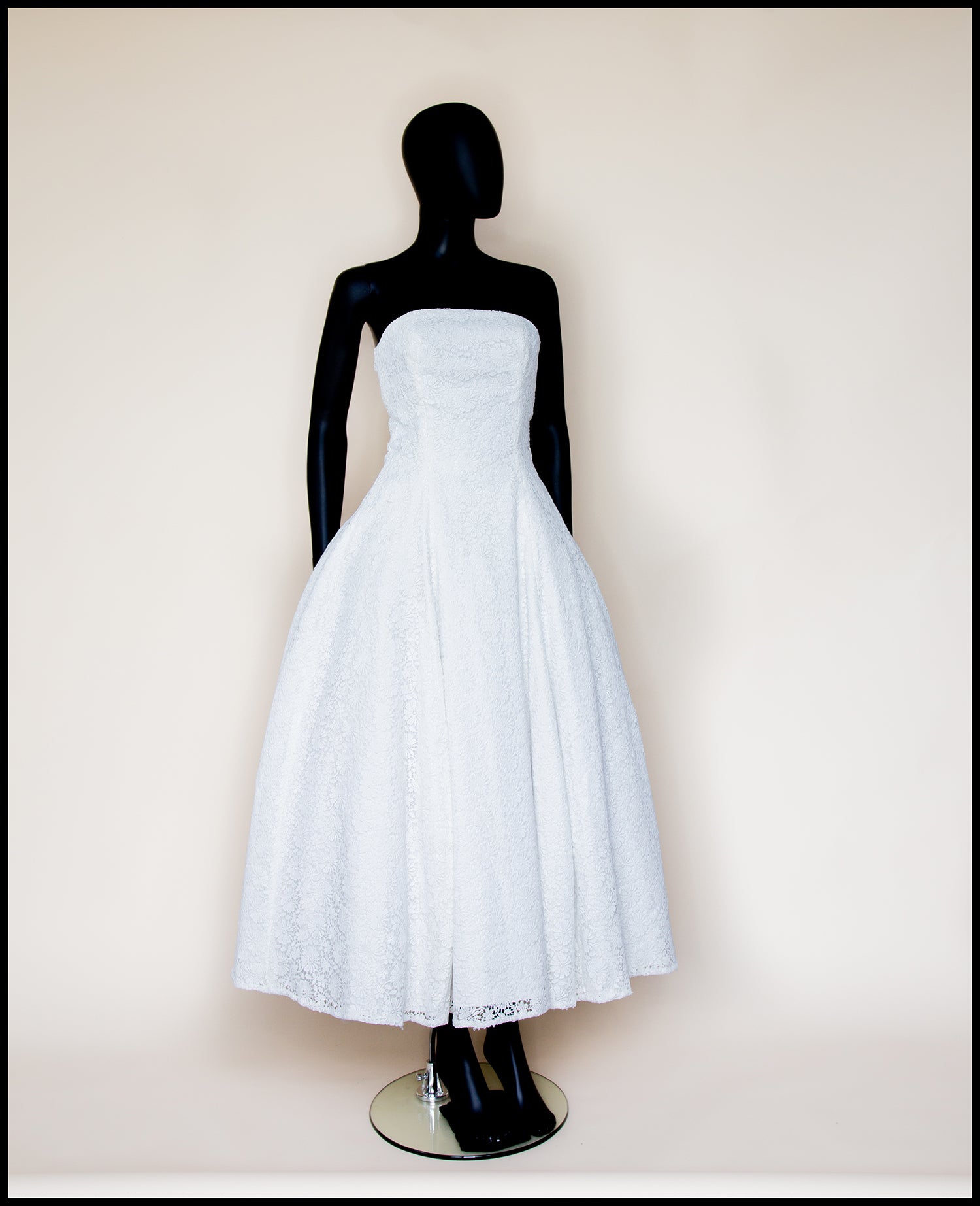 1950 Strapless Ivory Guipure Lace Midi Dress ALEXANDRAKING