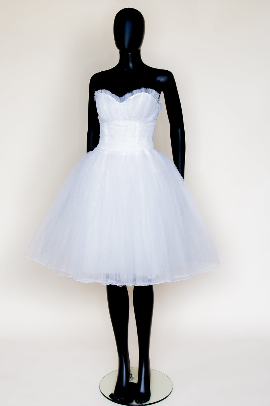 white draped tulle prom style midi dress by Alexandra King bridal sample