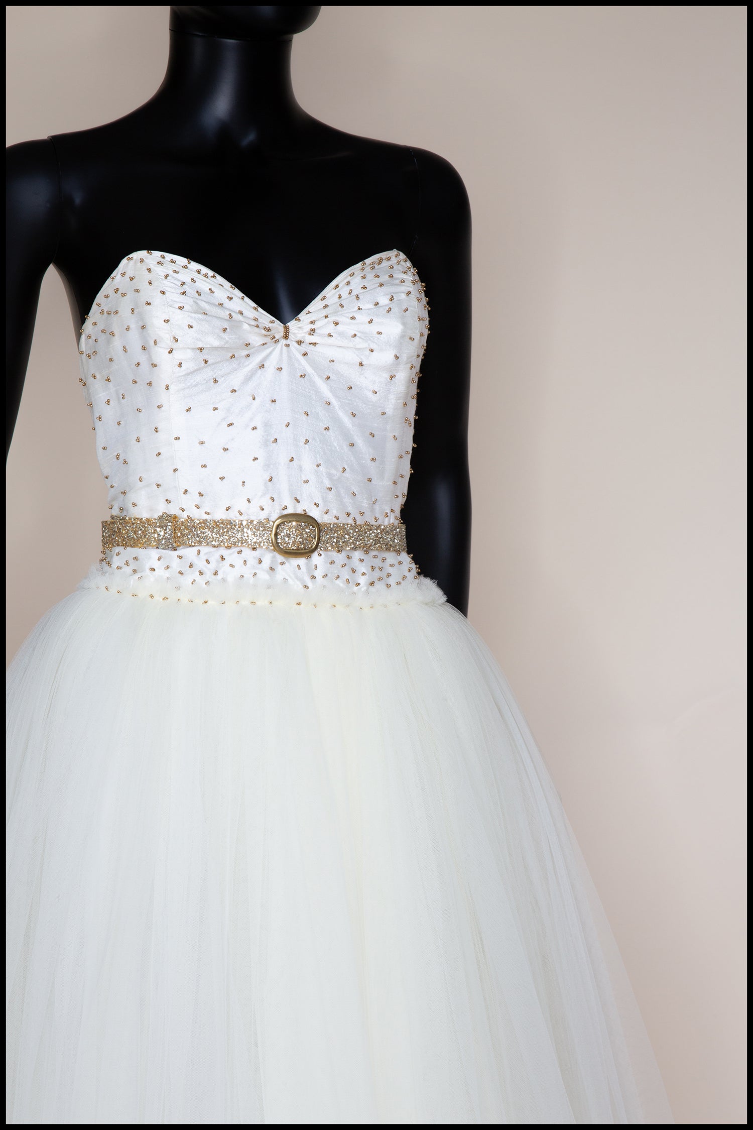 Julia - Ivory Gold Tulle Beaded Gown - S  (sample)