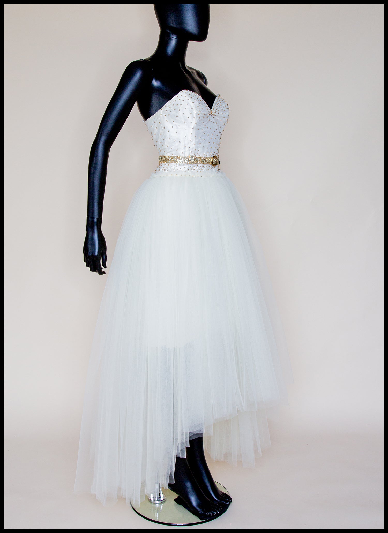 Julia - Ivory Gold Tulle Beaded Gown - S  (sample)