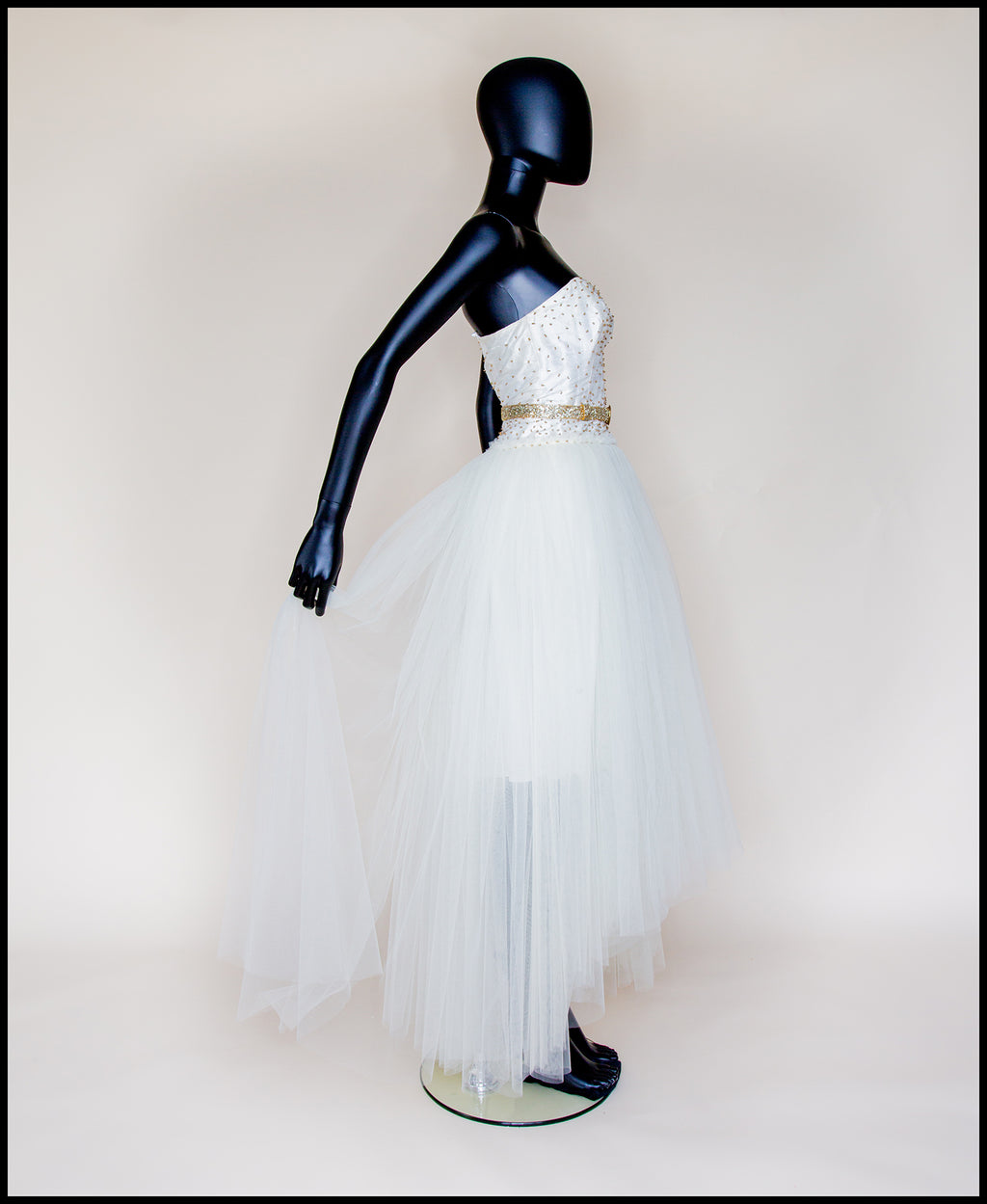 Julia - Ivory Gold Tulle Beaded Gown - S  (sample)