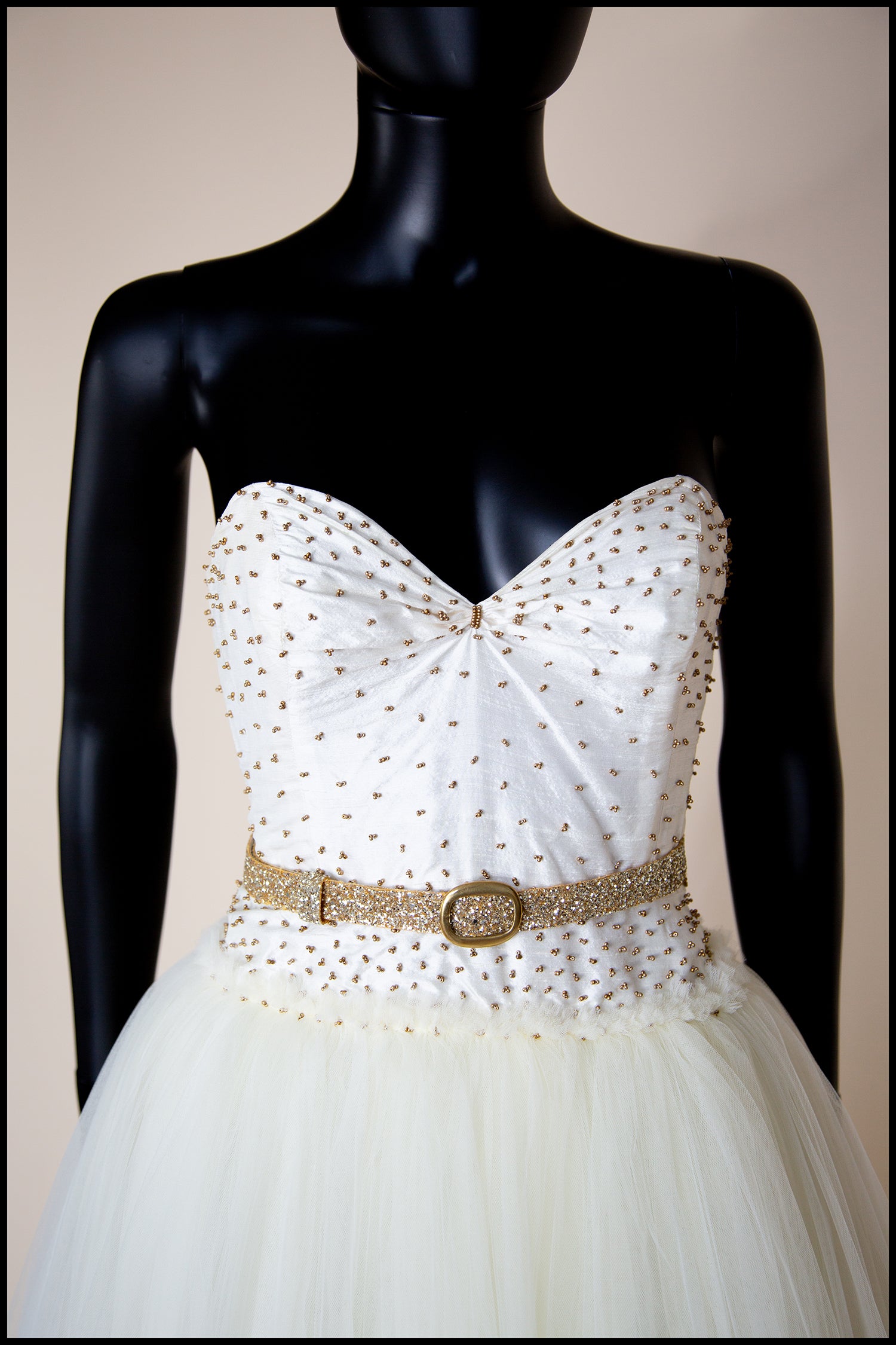 Julia - Ivory Gold Tulle Beaded Gown - S  (sample)