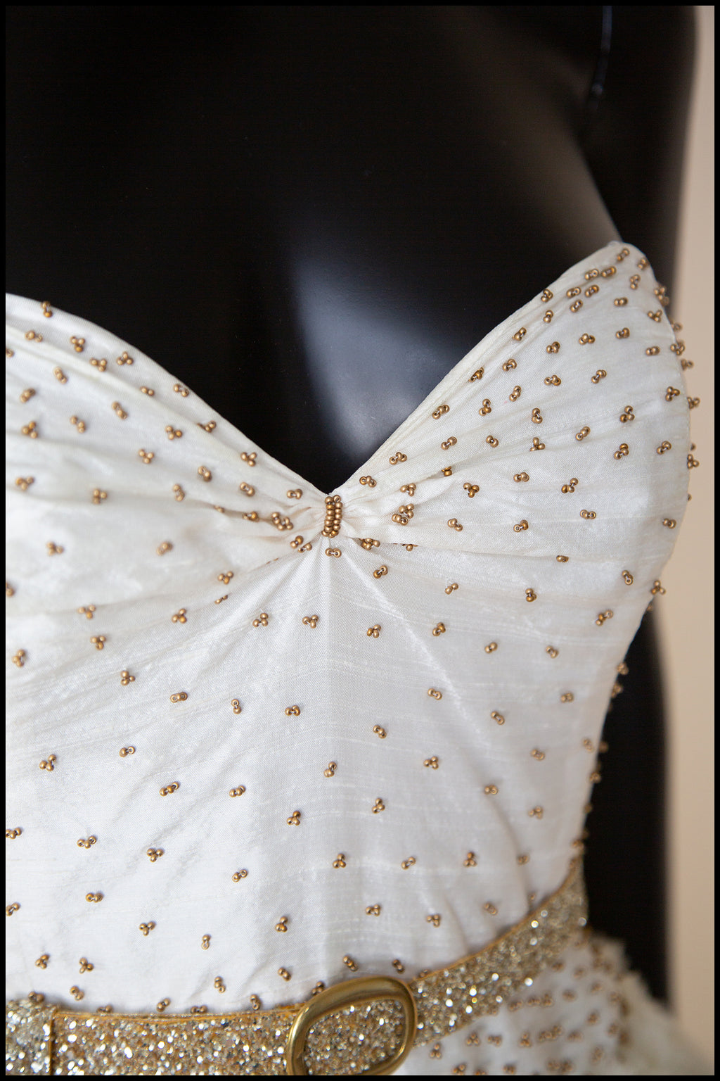 Julia - Ivory Gold Tulle Beaded Gown - S  (sample)