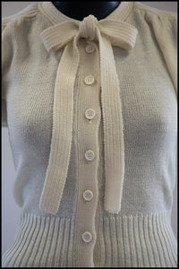 Vintage 1970s Ivory Rayon Knit Bow Cardigan
