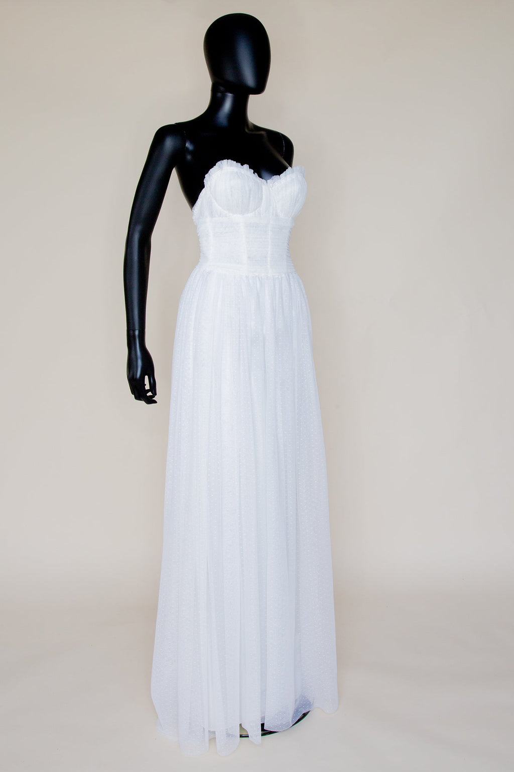 ivory dot tulle strapless wedding dress by Alexandra King