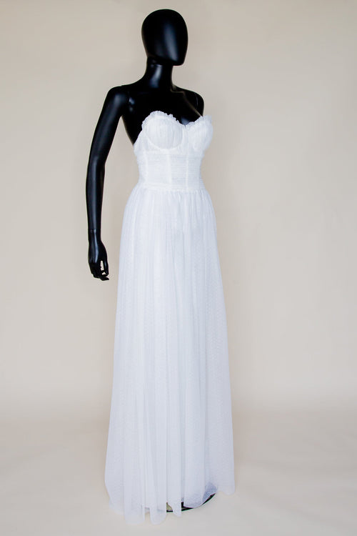 ivory dot tulle strapless wedding dress by Alexandra King