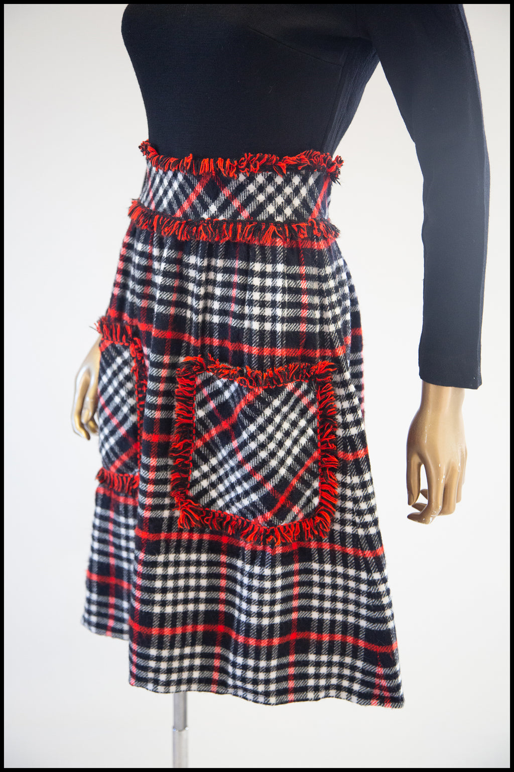 Vintage 1970s Black Wool Plaid Midi Dress