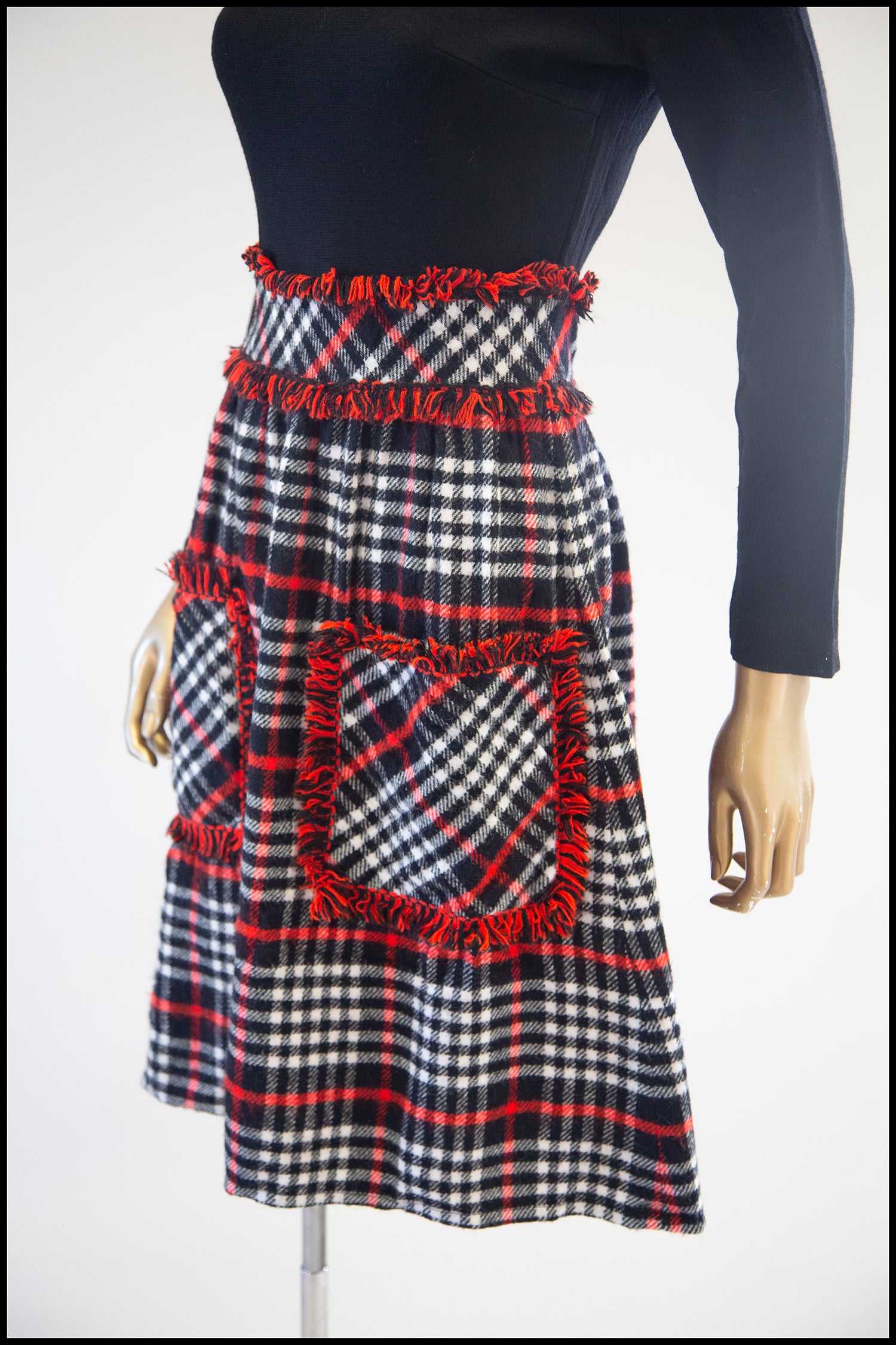 Vintage 1970s Black Wool Plaid Midi Dress