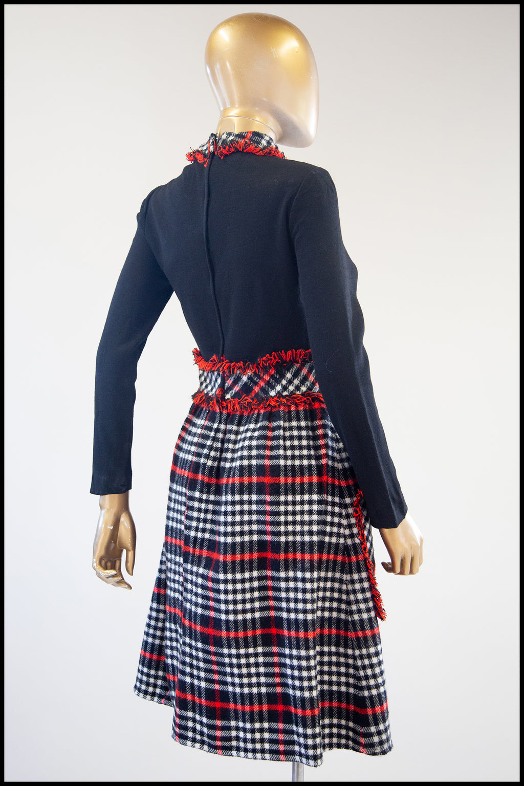 Vintage 1970s Black Wool Plaid Midi Dress