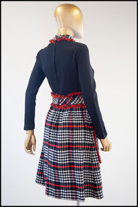 Vintage 1970s Black Wool Plaid Midi Dress