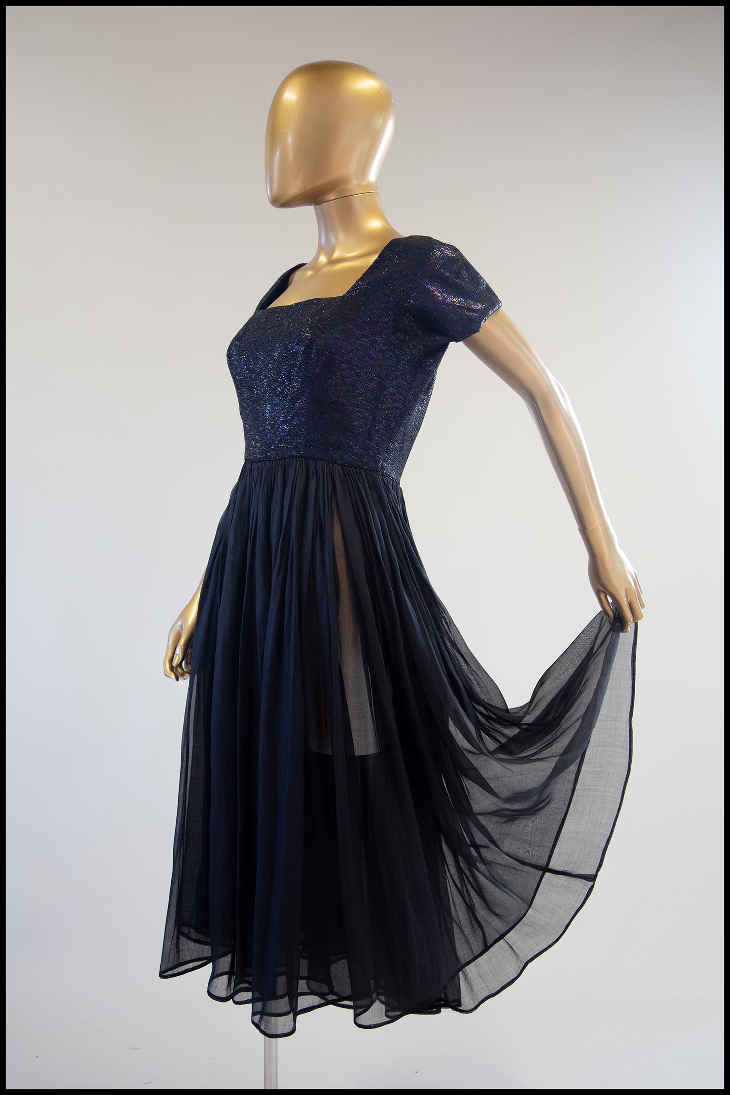 Vintage 1950s Black Metallic Silk Organza Midi Dress  ALEXANDRA-KING
