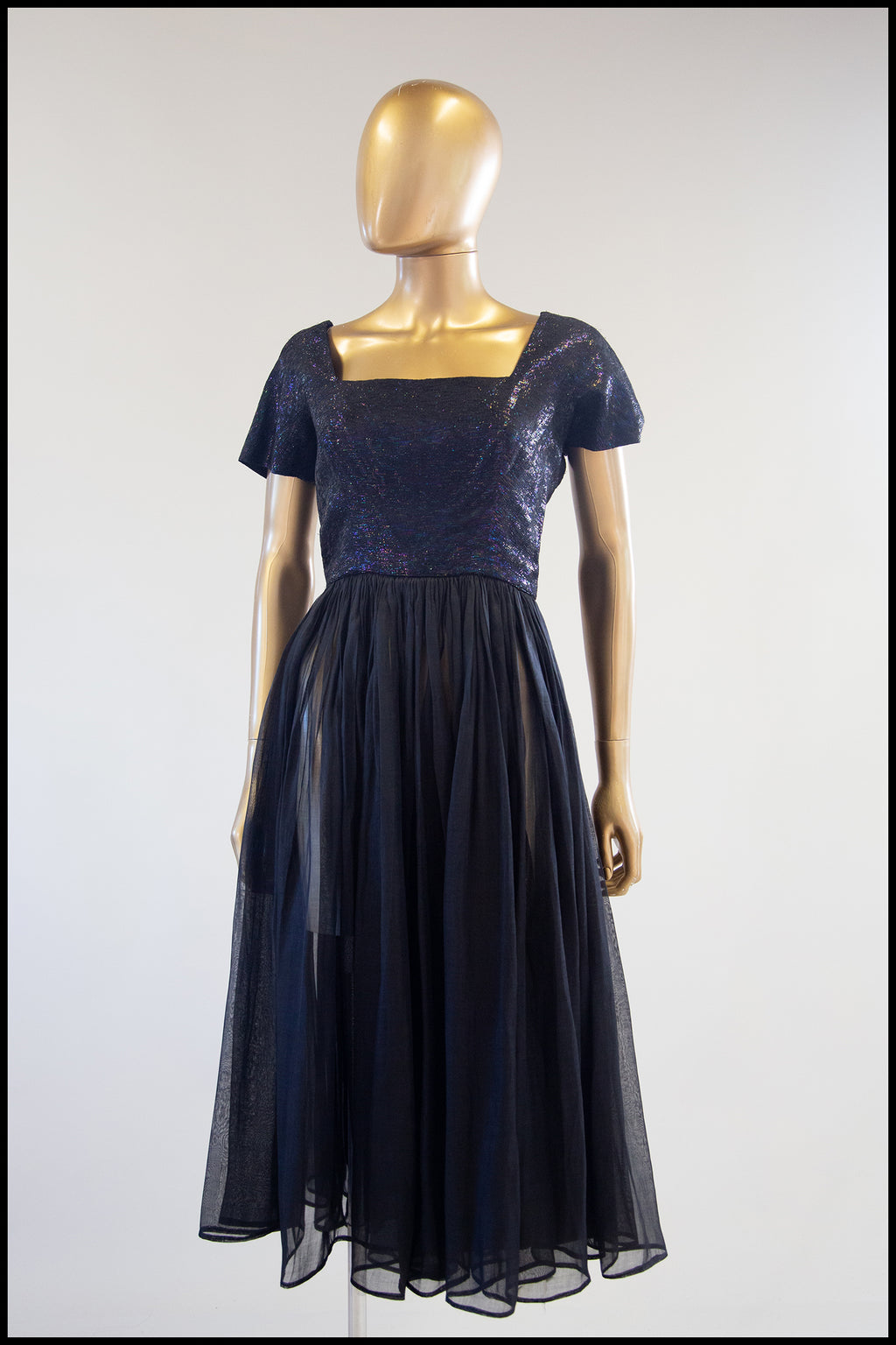 Vintage 1950s Black Metallic Silk Organza Midi Dress