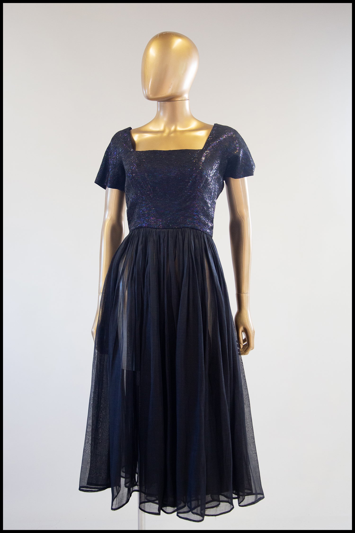 Vintage 1950s Black Metallic Silk Organza Midi Dress