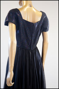 Vintage 1950s Black Metallic Silk Organza Midi Dress
