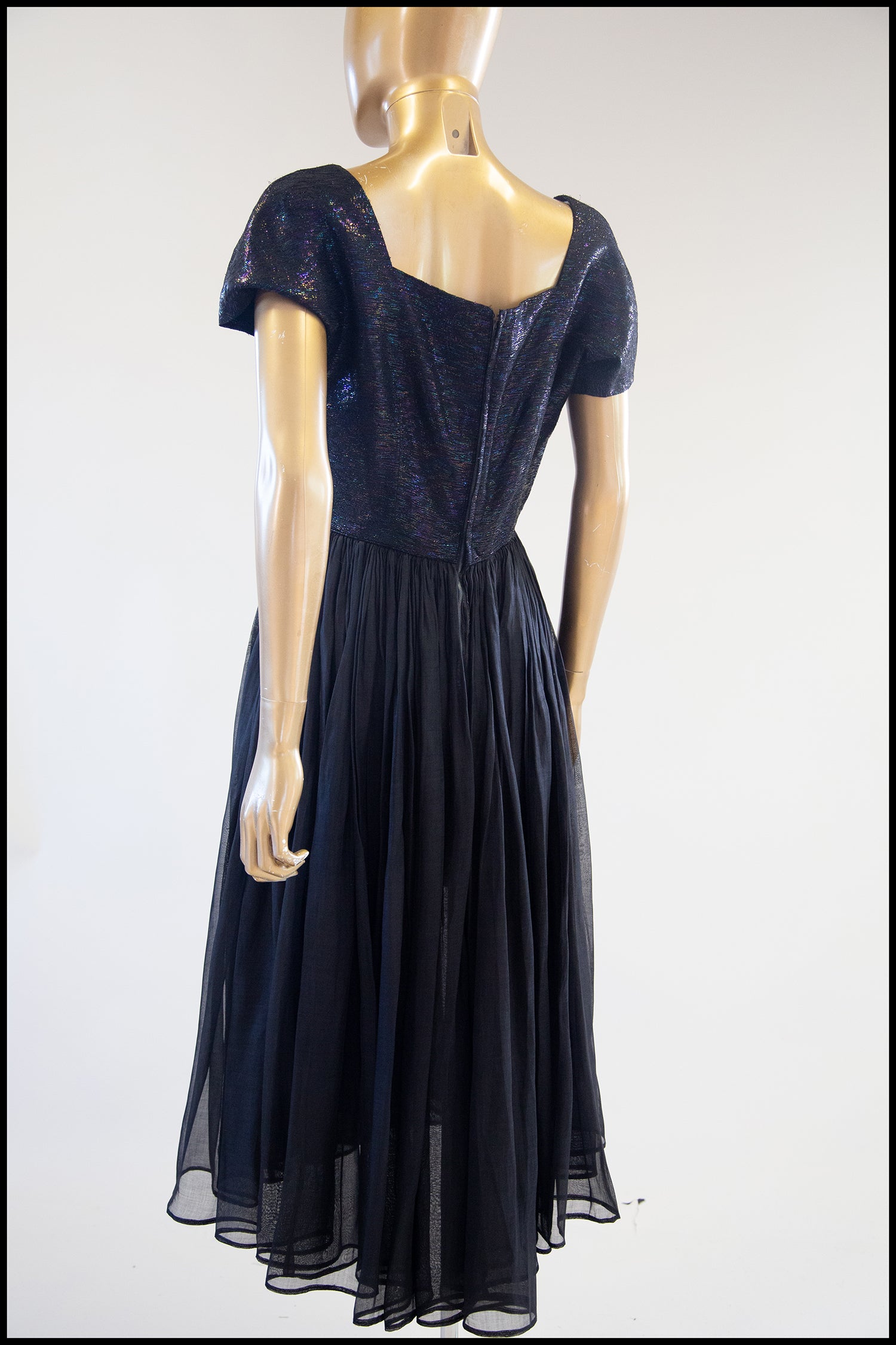 Vintage 1950s Black Metallic Silk Organza Midi Dress