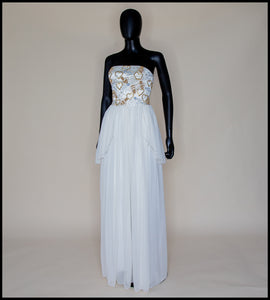 Hera - Gold Beaded Birds and Bees Silk Georgette Gown - S