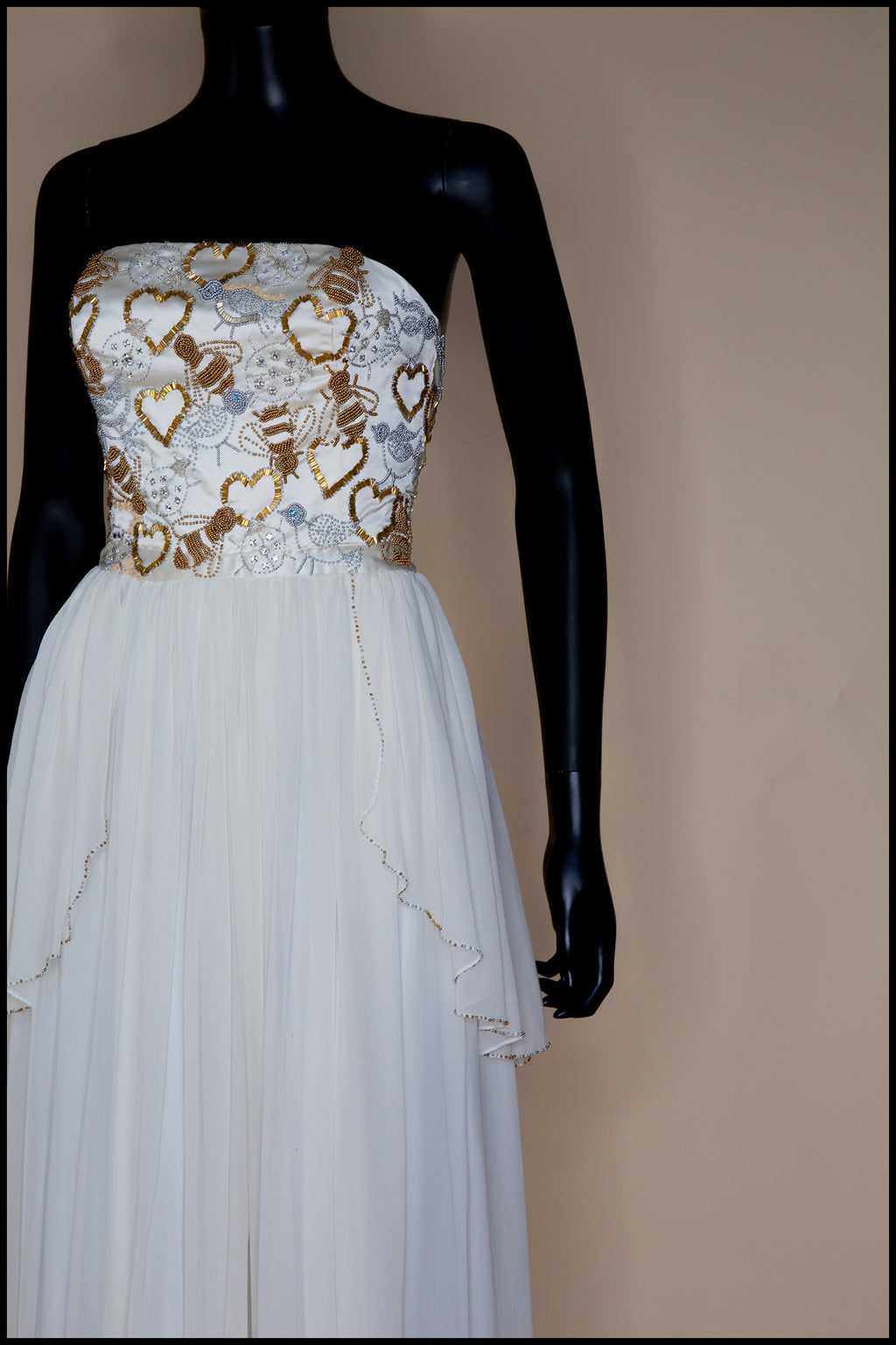 Hera - Gold Beaded Birds and Bees Silk Georgette Gown - S