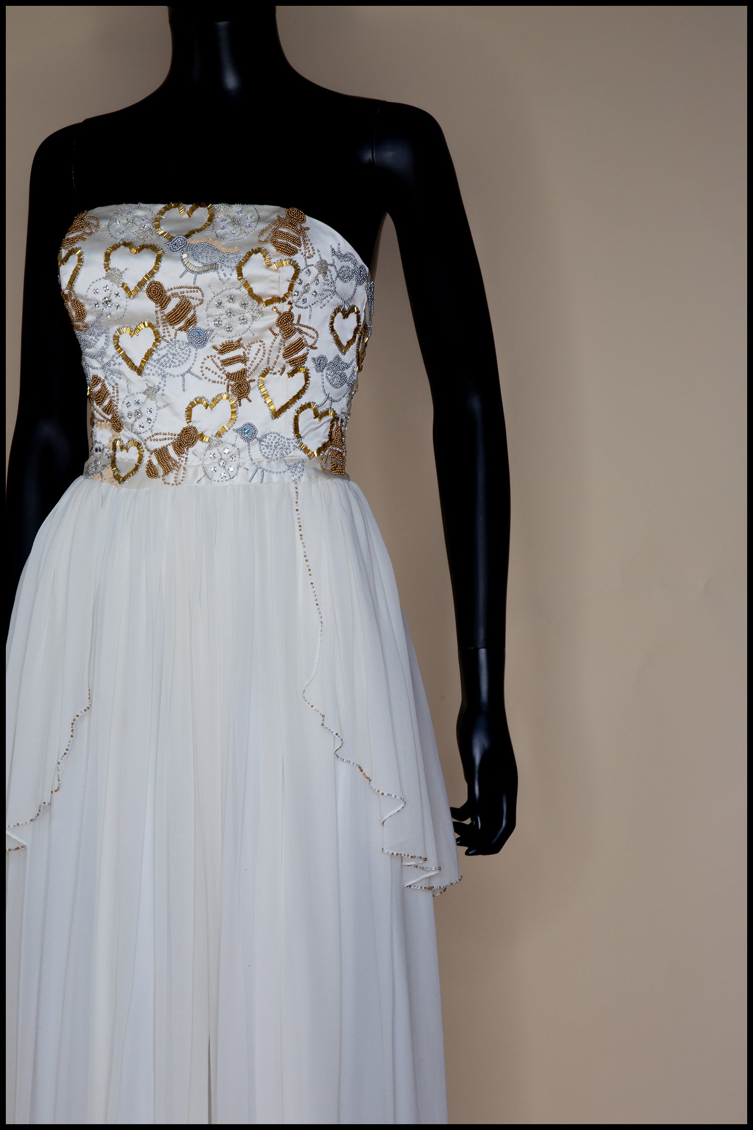 Hera - Gold Beaded Birds and Bees Silk Georgette Gown - S