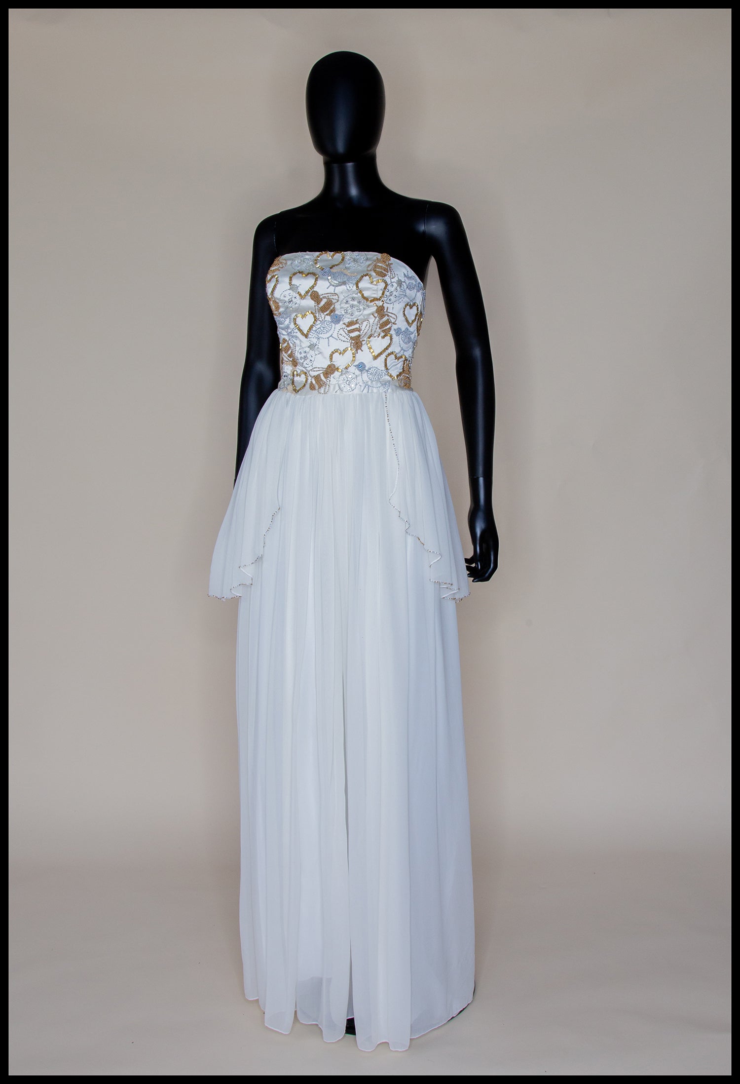Hera - Gold Beaded Birds and Bees Silk Georgette Gown - S